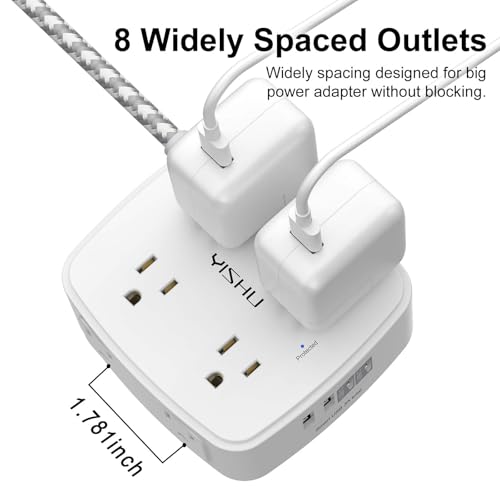 Image of Surge Protector Power Strip - YISHU 8 Outlets with 4 USB (2 USB C) Charging Ports, 6Ft Braided Extension Cord, Flat Plug Multi Plug Outlet Extender Charging Station for Home Office, ETL, White