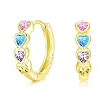 Deyanse Pendientes de plata de ley 925 para niñas, pendientes de corazón coloridos de plata 925 para niñas, pequeños pendientes de aro con circonita para mujer, sin níquel, pendientes para niños