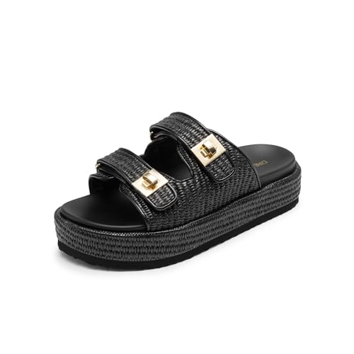 DREAM PAIRS Platform Sandals Women Raffia Espadrilles Summer Comfortable Wedge Sandals Beach Vacation Adjustable Buckle Cute Slide Sandals 7 Black