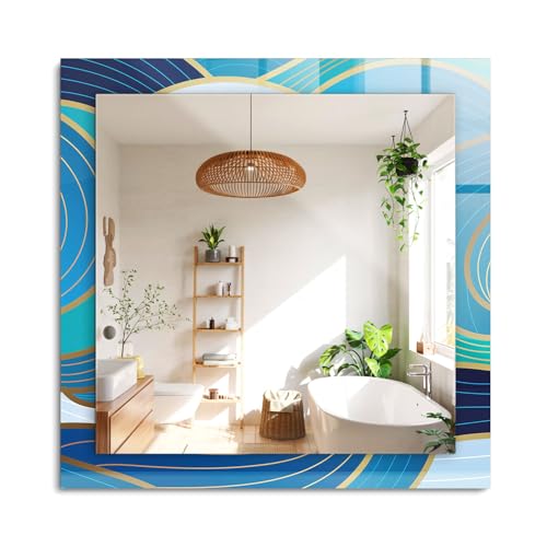 Espejo con Marco Decorativo 60x60 cm | para Baño, Pasillo, Comedor | Diseño Moderno | Montaje en Pared | Bordo Pulido | Decoración Mural | con Borde Decorado - Patrones de Ondas Azules