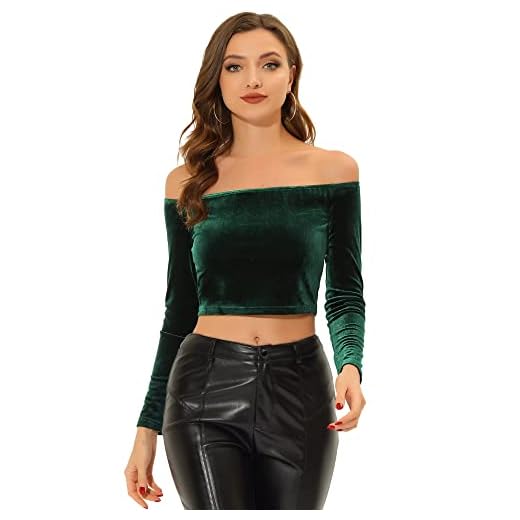 Allegra K Women's St. Patrick's Day Velvet Blouse Solid Stretch Long Sleeve Off Shoulder Crop Tops Large Dark Green
