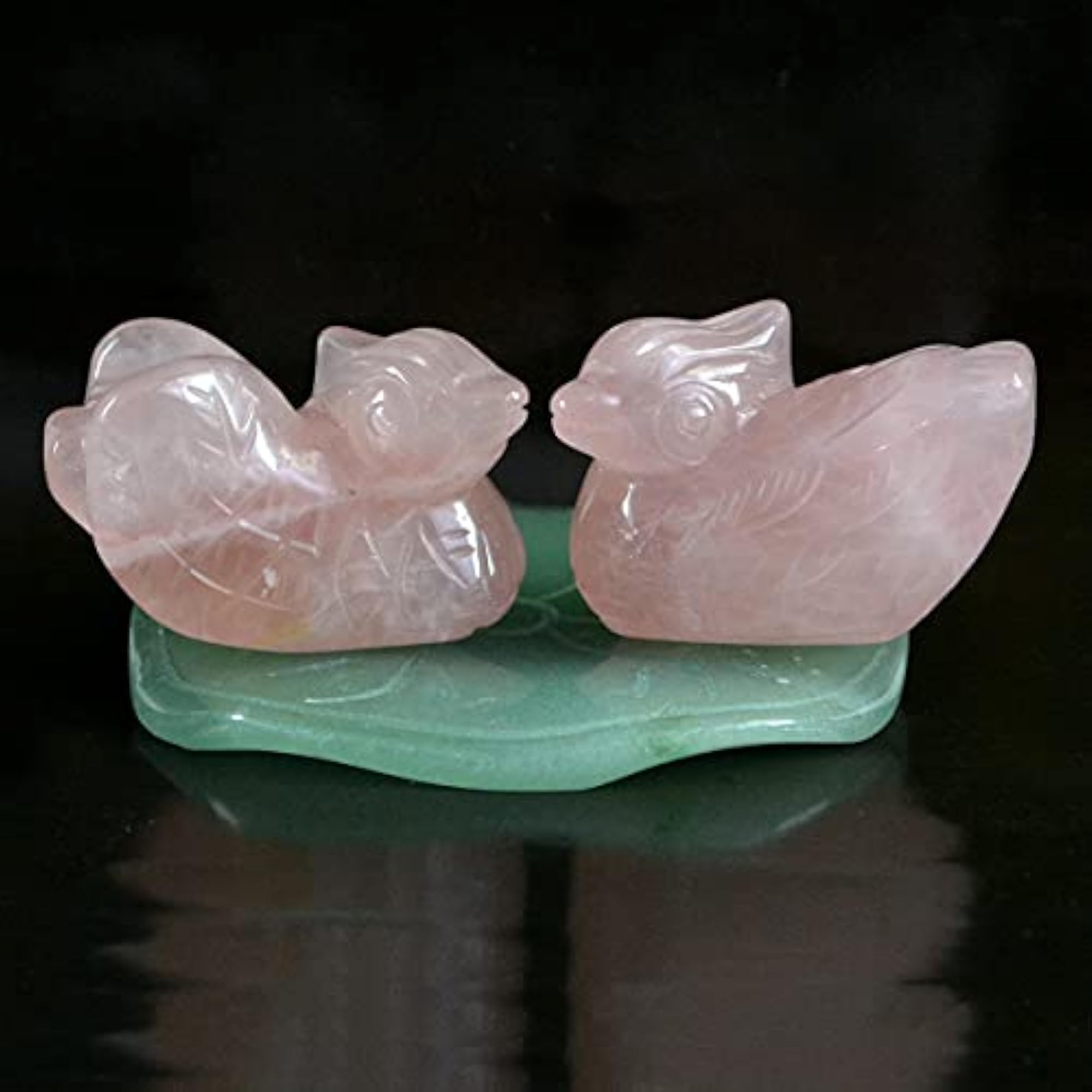 Rose Quartz Mandarin Swan Duck Pair with Green Jade Plate