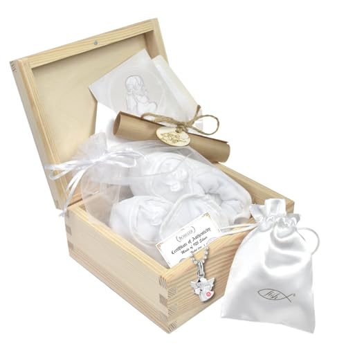 Geburt Geschenk Set Mädchen Kette Silber 925 Engel-Motiv Baby Schuhe Glückwunschkarte Märchen Schutzengel Holz Schatulle Geburt Geschenk