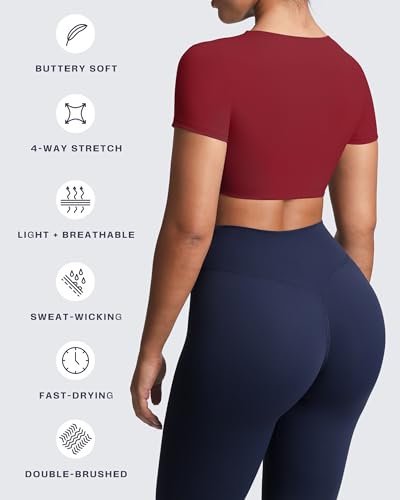Image of Aoxjox Short Sleeve Crop Tops for Women Sienna Twist Deep V Workout Cropped T Shirt Top (Rumba Red, Small)