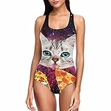InterestPrint Funny Cats Eat Pizza with Space One Piece High Waist Swimwear Tank Top Swimsuits for...