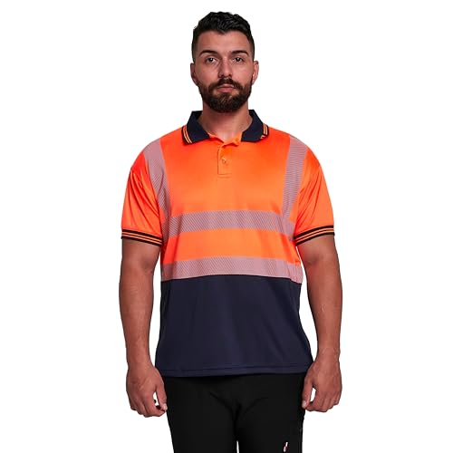 Image of HuntaDeal Hi Vis Short Sleeve Polo Shirt - High Visibility T Shirt with Anti-Perspiration and Contrast Ribbed Collar & Sleeves - Safety & Security Work Button Shirt for Day & Night, Orange/Navy, XL