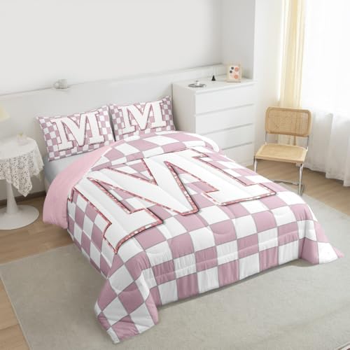 Image of Erosebridal Pink Initial M Bedding Set Queen Kawaii Plaid Checkered Comforter Set for Kids Girls Teen Women Cute Personalized Monogram Down Comforter,Fashion Grids Gingham Quilt Duvet