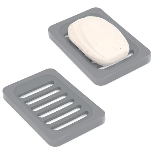 Topsky 2Pcs Soap Dish Holder, Non-Slip Bathroom Accessories Silicone Soap Case Saver, Sink Deck Bathtub Shower Dish Soap Drainer, Silicone Holder for Soap, Sponges, Scrubber (Grey-2pcs)