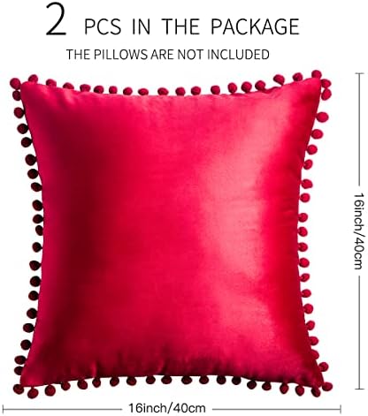 Velvet Cushion Cover 40cm x 40cm Set of 2 ORANIFUL Square Christmas Pillowcase with Pom Poms Decorative Throw Pillow Cases for Sofa Couch Bed Home Decor Car 16 x 16 Inches Red