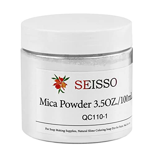 SEISSO Mica Powder - 3.5oz/100g Silver White Natural Epoxy Resin Dye Color Pigment Powder for Soap Making, Slime, Nail, Paint, Bath Bomb Colorant etc.