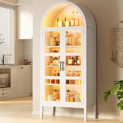71" Tall Arched Kitchen Pantry Cabinet, Modern Farmhouse Kitchen Storage Cabinets with LED Lights, Arched Cabinet with Open & Adjustable Shelves, Glass Door for Dining Room, Kitchen, White by IDEALHOUSE - Used condition - CA$332.16