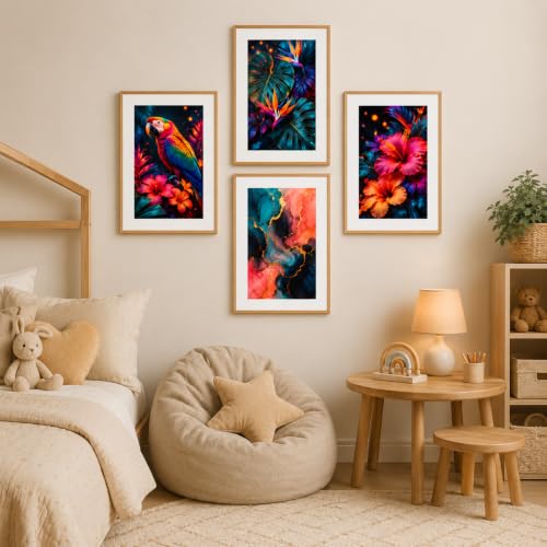 Image of Livin'luxe Set of 4 Tropical Parrot Floral & Abstract Wall Paintings with Sparkle Laminate and Premium Wooden Synthetic Frame for Living Room Bedroom Office Decor (13.5 x 19.5 Inch)
