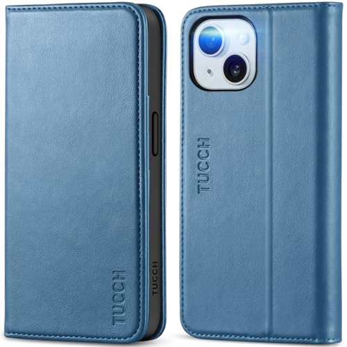 TUCCH Wallet Case for iPhone 15 (6.1") 2023, Premium PU Leather Case with[RFID Blocking][Shockproof TPU][Card Slots] Kickstand, Book Style Flip Foldable Case Compatible with iPhone 15 5G, Lake Blue
