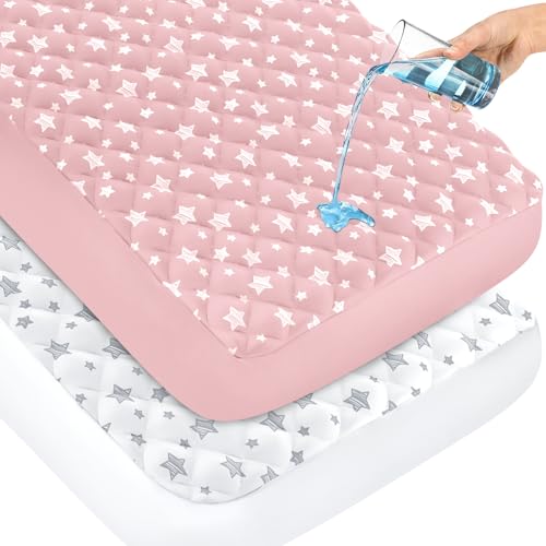 Image of Crib Mattress Protector Waterproof 2 Pack, Quilted Crib Mattress Pad Cover 52" x 28" Extra Soft Breathable Toddler Bed Cover Stretch Up to 8", Pink & White Star