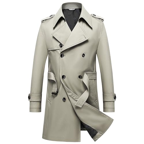 Maiyifu-GJ Men's Double Breasted Trenchcoat Slim Fit Mid Long Trench Coat Winter Warm Long Windbreaker With Belt (3X-Large,Light Khaki 1)