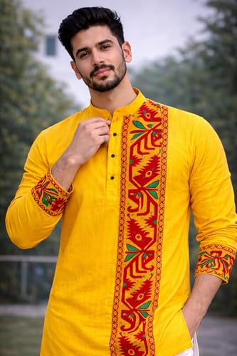 Image of Men's Cotton Jamdani Kurta for Festive, Casual Wear | Traditional Bengali Style Long Kurta | S to XL Size | White, Yellow, Blue Color Options