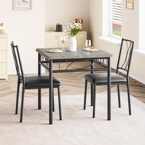 Garvee 3-Piece Wood Dining Table Set for 2, Compact Square Kitchen Table Set with 2 Upholstered Chairs, Space-Saving Dining Table Set for Apartment, S