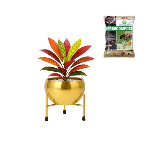Image of NATURAL EARTH Gold Metal Flower Pot & Stand with Free 1 KG Organic Vermicompost Fertilizer | Decorative Indoor Outdoor Plant Pot | Golden Finish Planter for Home Garden Decor