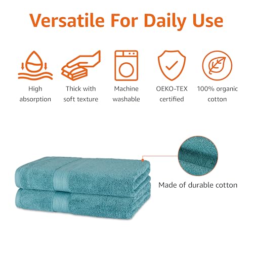 Amazon Basics Fade-Resistant 100% Cotton Bath Towel, 30"x54", Teal Green, 2-Pack view 2
