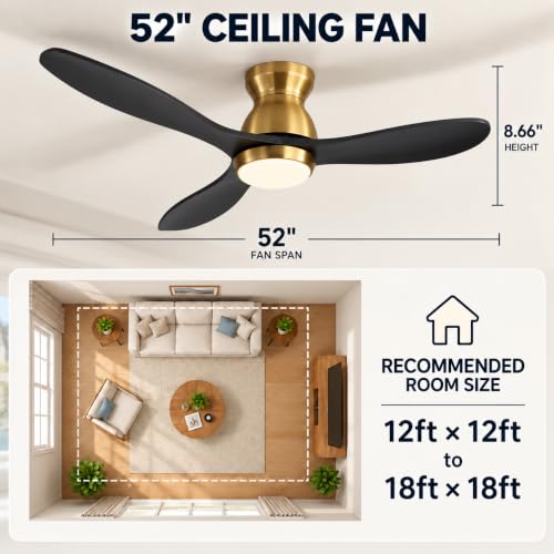 RnRolo 52 Inch Black Ceiling Fan with Light and Remote & APP Control, 3 Wooden Blades, 6 Wind Speeds, Quiet DC Motor, Indoor Low Profile Ceiling Fan for Bedroom Living Room Farmhouse Patio by RnRolo - Used condition - Image 7