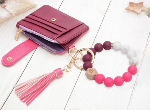 Image of COOLANS Silicone Bracelet Wristlet Wallet Credit Card Holder RFID ID Window Key Ring Tassel Slim Wallet Women Keychain Purse