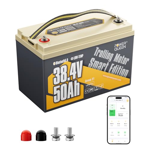 Power Queen 36V50Ah LiFePO4 Battery with Bluetooth 5.0 Remote Control, Low-temperature Protection, 1920Wh Energy, Deep Cycle Lithiumn Battery for 36V Trolling Motor Up To 120 lb