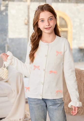 Big Girl's Winter Button Down Long Ruffle Sleeve Knitted 3D Bow Sweater Cute Back to School Cardigan White 12 Years4