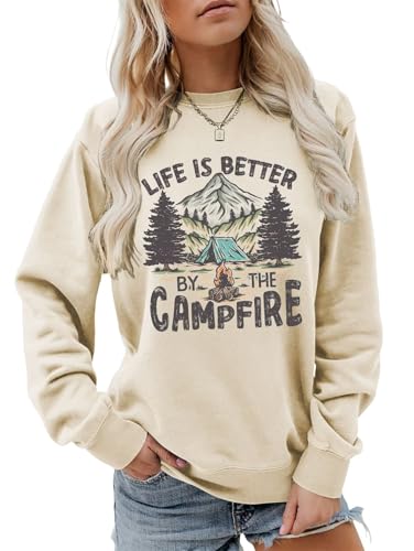 Jtvznmi Women's Camping Sweatshirt Long Sleeve Beige