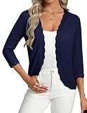 GRACE KARIN Strickjacke Damen Frühling Sommer Leichte 3/4 Ärmel V Ausschnitt Cardigan Offene Front Spitze Saum Bolero Marineblau XL
