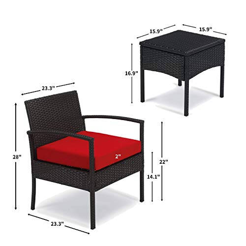 Outdoor Chairs Set Bistro Set 3 Pieces Patio Conversation Set Furniture Set For Small Balcony Rattan Chairs And Table With Cushions Red #TOP4