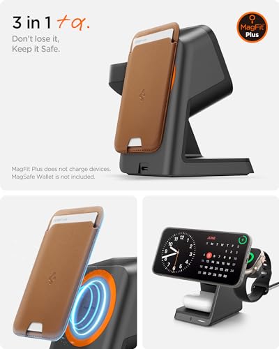 Image of Spigen for MagSafe Charger Stand, [Certified] 3 in 1 Wireless Charging Station 15W Fast Charging Compatible with iPhone 17 16 15 14 13 AirPods Apple Watch 10 Ultra 2 Wallet Accessories and More