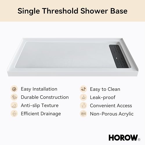 Image of HOROW Shower Base 60 inch x 32 inch, Right Drain Single Threshold Shower Base in White with Efficient Drainage, Non-Slip, Stainless Steel Cover, Small Rectangle Acrylic Shower Pan for Bathroom