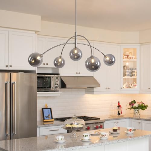 Image of Modern Silver Chandelier 5 Light Smoke Gray Semi Flush Mount Chandelier Vintage Industrial Ceiling Light for Dining Room Kitchen Bedroom Hallway