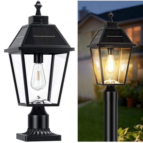 Anrikey 22.5\" Large Outdoor Solar Post Light, Dusk to Dawn Solar Lamp Post Light, Black Lamp Posts Light Fixture with Pier Mount Base, Waterproof Outdoor Pole Lights for Yard Garage Porch Patio, 1Pack
