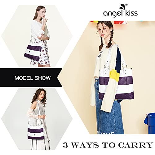 Angel Kiss Hobo Shoulder Purses For Women Large Soft Washed Pu Leather Stripe Crossbody Handbags(White/Purple) #TOP7