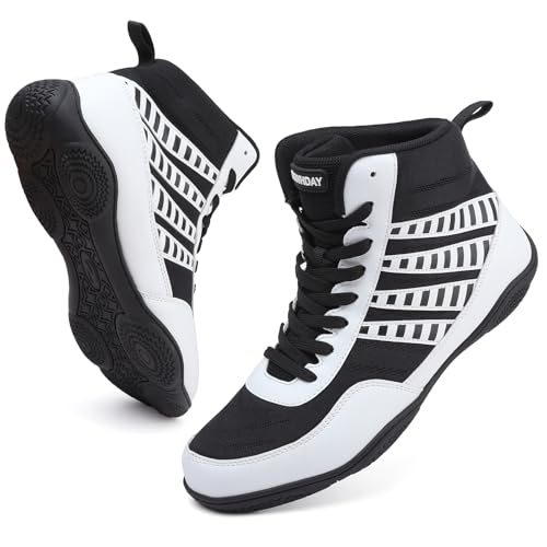 BKWHDAY Wrestling Shoes Men Youth Boxing Cross-Training Squats Bodybuilding Lightweight Breathable Non Slip Black/White