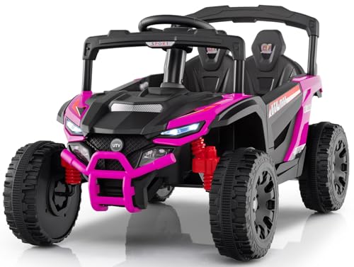 OLAKIDS 12V Ride on Car UTV, Electric Off-Road Truck with Remote Control, Lockable Doors, Safety Belt, Horn, Music, Lights, 4 Wheeler Toys for Kids Toddlers Aged 3+ Years (Pink)