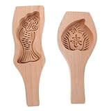 SOLUSTRE 2個伝統柄月餅型 木製ハンドル付きペストリーベーキングツール カープと長寿桃模様 中秋節用ケーキ型 クッキー チョコレート作りにも対応 キッチン用品