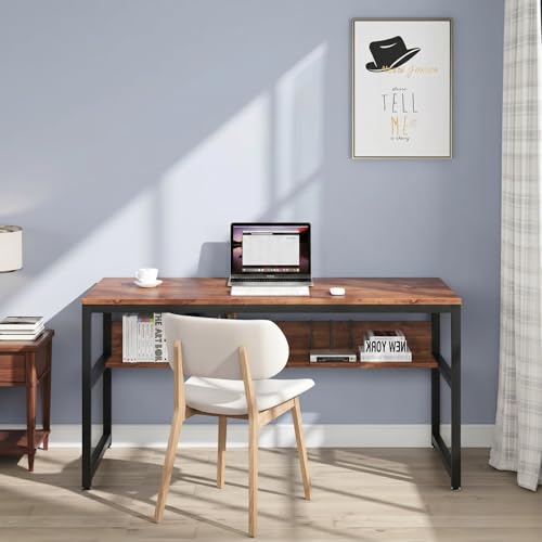 Image of TEKAVO Flam Computer Table for Home Pc I Office Table for Home I Lower Shelf | Brown Wood | Metal (120 Cm x 60 Cm x 75 Cm) DIY