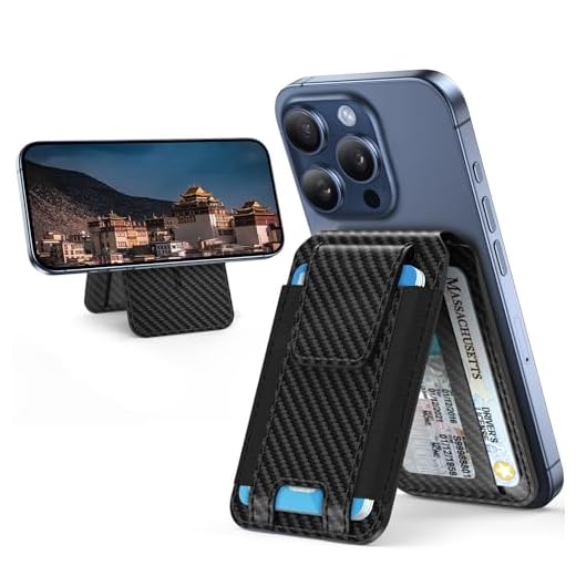 Miracase Magnetic Wallet for Men/Women, Adjustable Stand & Safety Flap, Compatible with MagSafe Wallet, 3 Slots, 6-8 Card Holder for iPhone 16/15/14/13/12 Series, RFID Blocking, Black Carbon Fiber