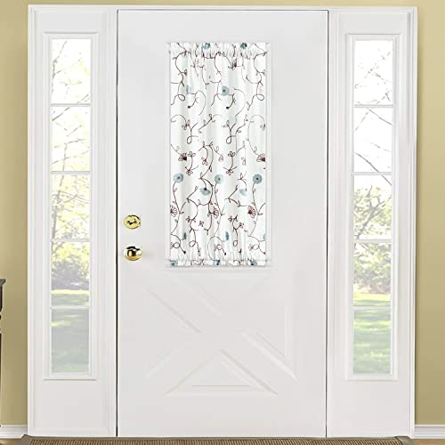 Image of VOGOL Sidelight Curtains for Front Door, 40 Inches Long Short Linen Textured French Door Panels, Blue Flowers Embroidery Design for Entry Door, 1 Piece, Rod Pocket