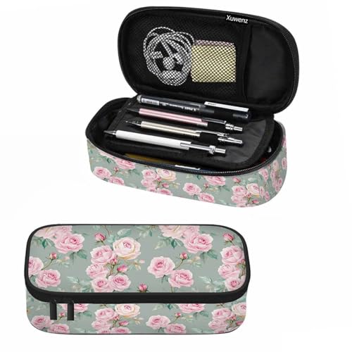 Image of Pink Blooming Flower Pencil Holder Bag Roses Peonies Bouquets Leaves Garden Pencil Case College Office School for Teens Boy Girl