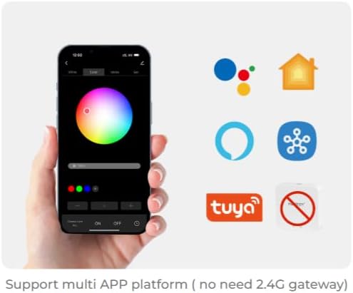 Smartphone app interface showing color wheel control and logos of compatible smart home platforms.