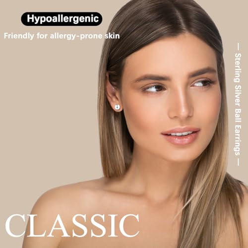 18K White Gold Plated Sterling Silver Ball Stud Earrings 3mm-10mm Options, Simple Polished Ball Studs Hypoallergenic Jewelry4