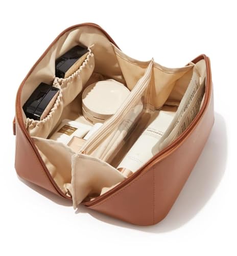 Women’s Large Capacity Cosmetic Travel Bag – Waterproof Leather Makeup Organizer with Wide Opening, Dividers with Handle (Cross Open, Brown)