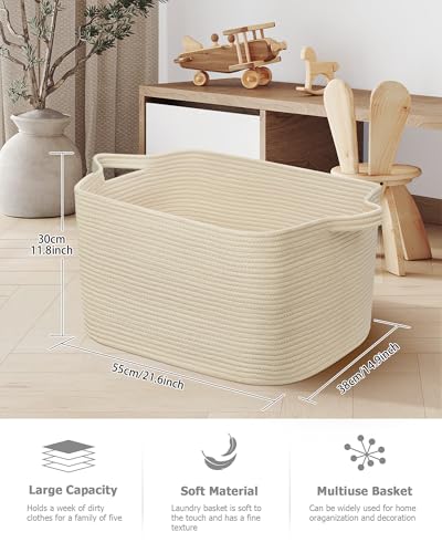 JOJOSEE Faltbarer Wäschekorb, 63L Große Wäschesammler, Laundry Baskets aus Baumwolle, Geflochten Aufbewahrungskorb mit Henkel für Decken, Kleidung, Kuscheltier, Spielzeug, Beige