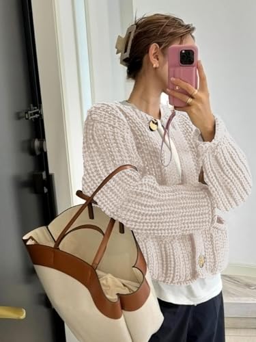 YKR Chunky Knit Cardigan Sweater for Women Long Sleeve Cropped Cardigans Button Down Sweaters with Pockets Beige M3