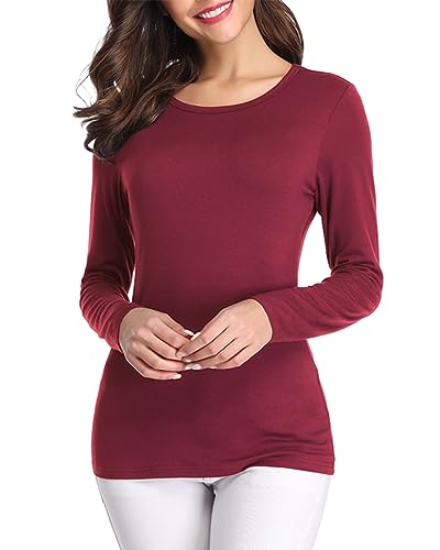Fuinloth Women's Basic Long Sleeve T Shirts, Crewneck Slim Fit Spandex Tops, Plain Layer Underscrub Tees Wine Red Large