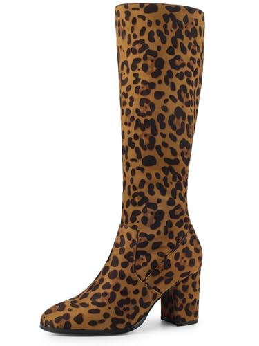 Perphy Round Toe Chunky Heels Leopard Knee High Boots for Women 8.5 m US