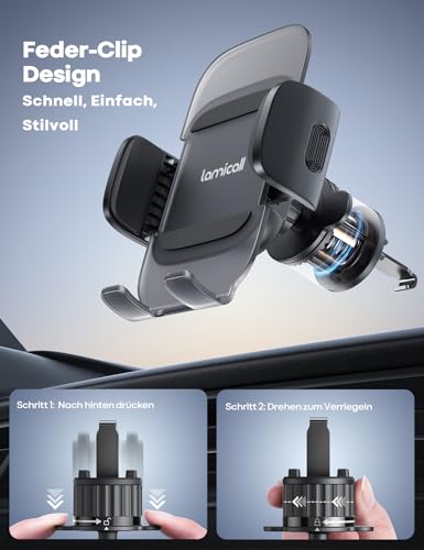 Lamicall Handyhalterung Auto, Handy Autohalterung - [2026 Federclip] Universal Lüftung Handyhalter Auto, 360 Grad Vent KFZ Halterung für iPhone 17/16/15/14/13/12 Pro Max Plus, Air, 4-7 Zoll Smartphone 2